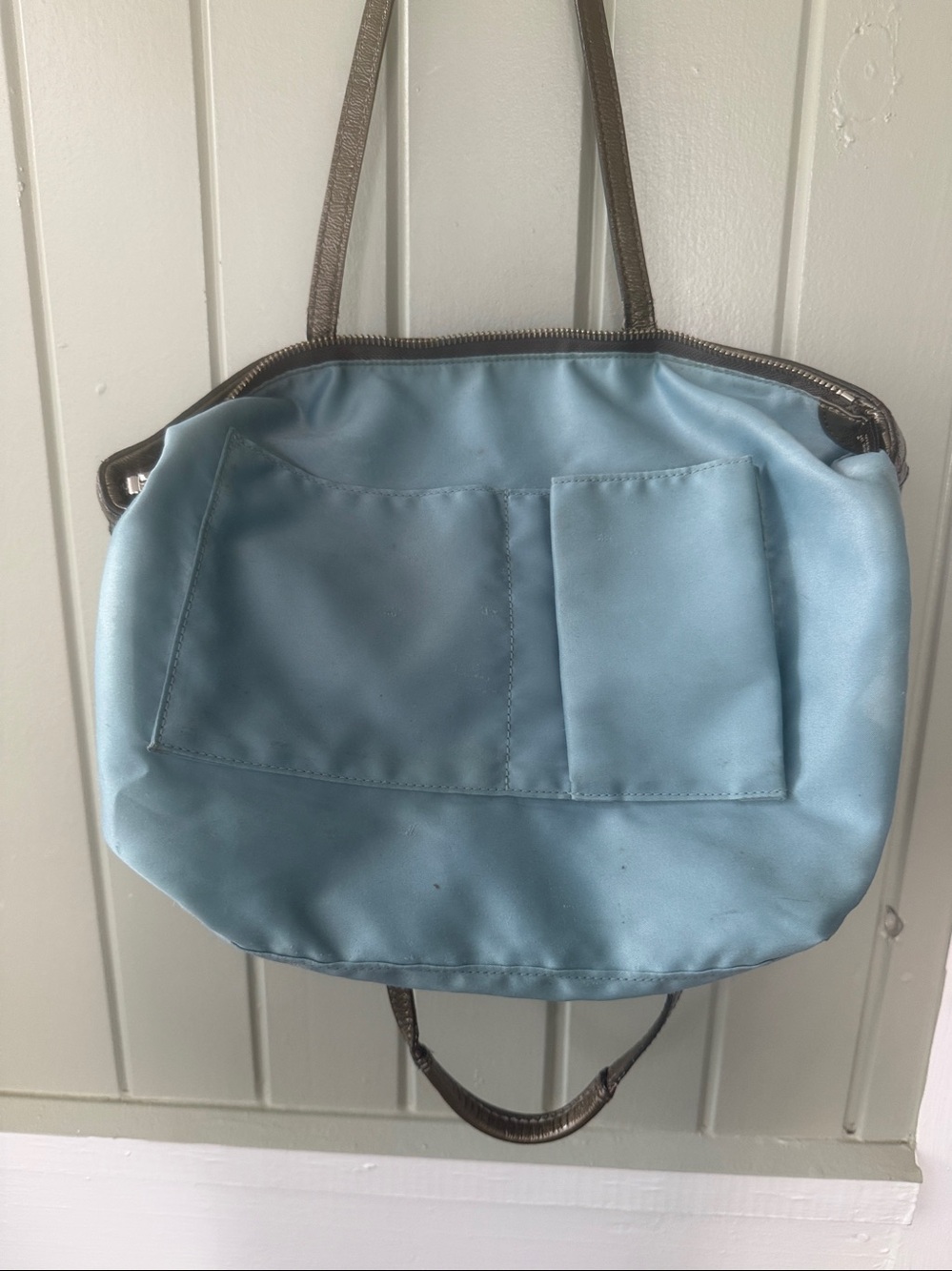 COACH Parker Metallic Leather Tote Olive Bronze Silver Hardware Blue Satin Bag - Picture 12 of 13